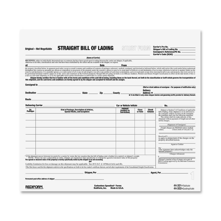 Rediform Snap-A-Way Bill of Lading Forms - 3 Part - Carbonless Copy - 8.50" x 7" Sheet Size - 2 x Holes - White Sheet(s) - Black Print Color - 250 / Pack