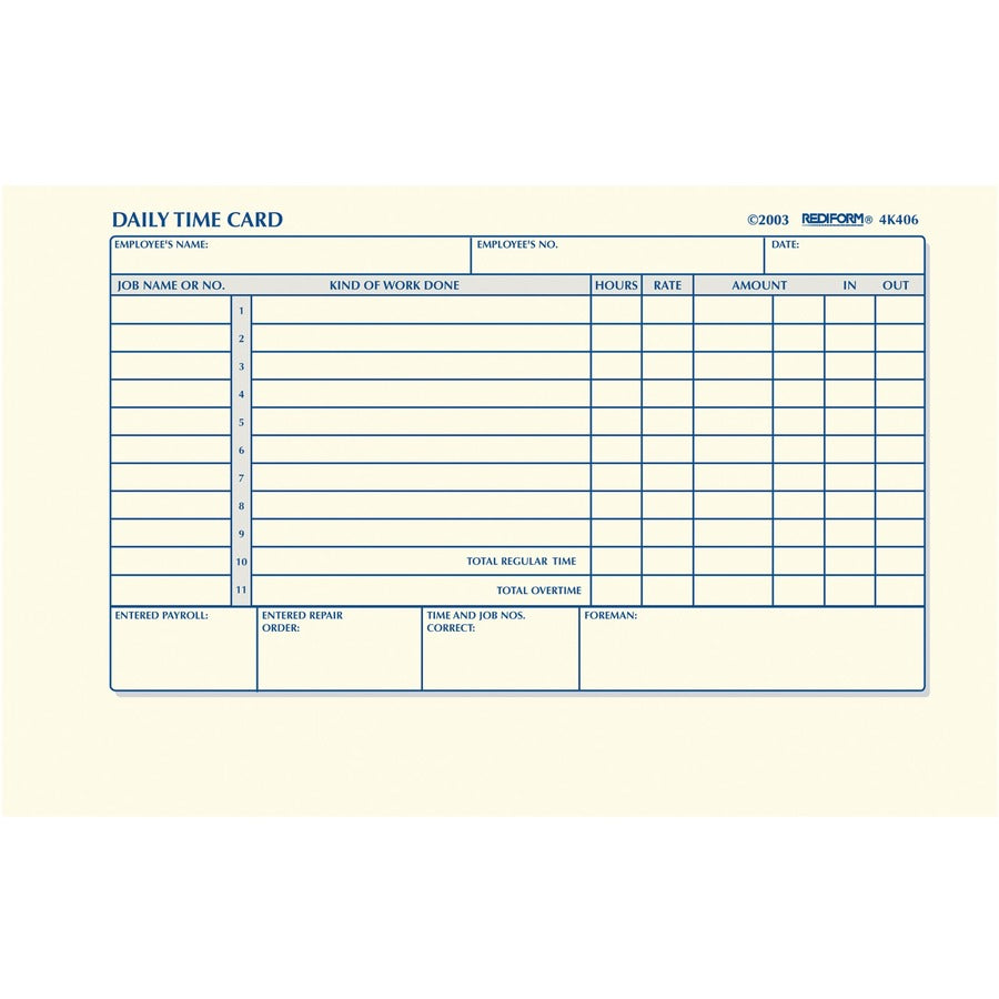 Rediform Daily Time Clock Cards - 100 Sheet(s) - Gummed - 1 Part - 4.25" x 7" Sheet Size - White - Manila Sheet(s) - 1 Pad