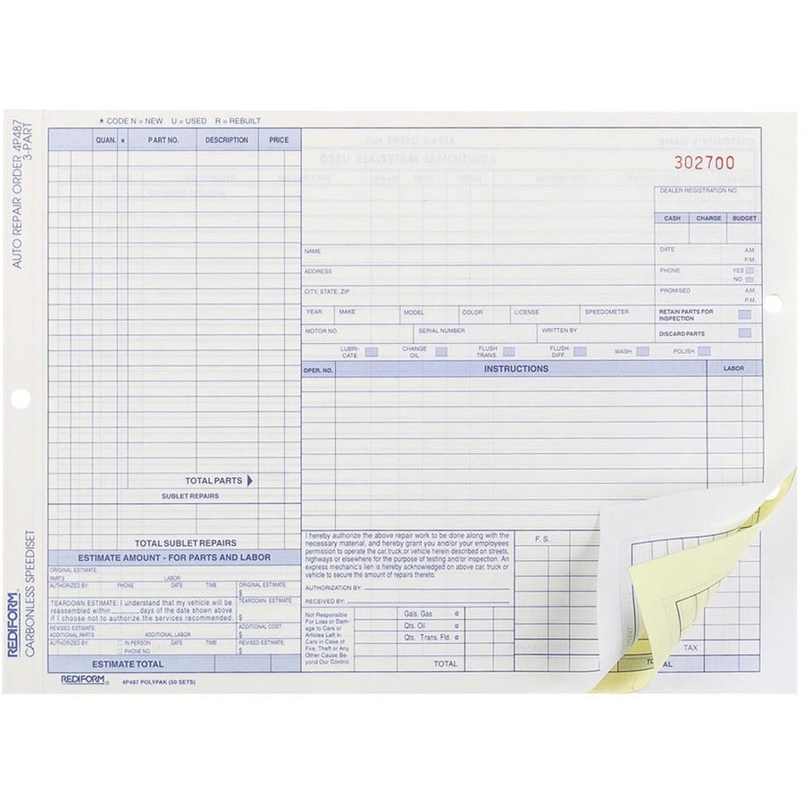 Rediform 3-part Auto Repair Order Forms - 3 Part - Carbonless Copy - 11" x 8.50" Sheet Size - Assorted Sheet(s) - Blue Print Color - 1 Pack