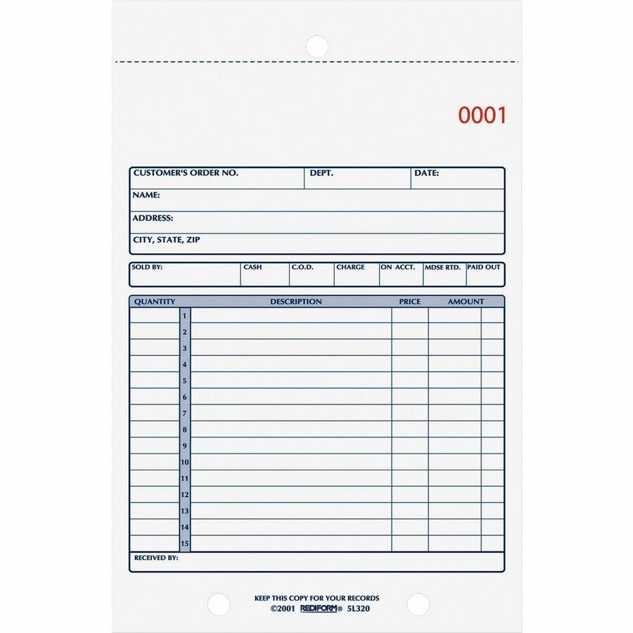 Rediform 2-Part Carbonless Sales Forms - 50 Sheet(s) - Stapled - 2 Part - Carbonless Copy - 5.50" x 7.87" Sheet Size - 2 x Holes - Assorted Sheet(s) - Blue Print Color - 1 Each