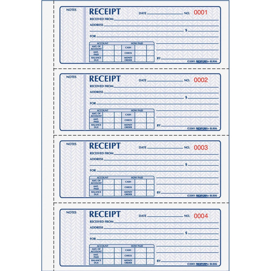 Rediform Money Receipt 4 Per Page Collection Forms - 400 Sheet(s) - 2 Part - Carbonless Copy - 7" x 2.75" Sheet Size - White, Yellow - Black Print Color - 1 Each