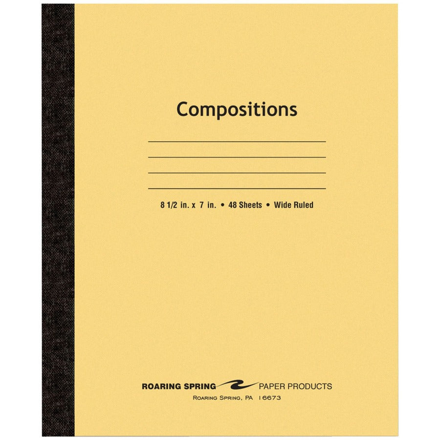 Roaring Spring Wide Ruled Flexible Cover Composition Book - 48 Sheets - 96 Pages - Printed - Sewn/Tapebound - Both Side Ruling Surface - Wide Ruled Front Ruling - 0.34" Ruled - 15 lb Basis Weight - 56 g/m², Grammage - 8 1/2" x 7" Sheet Size - 0.25"...