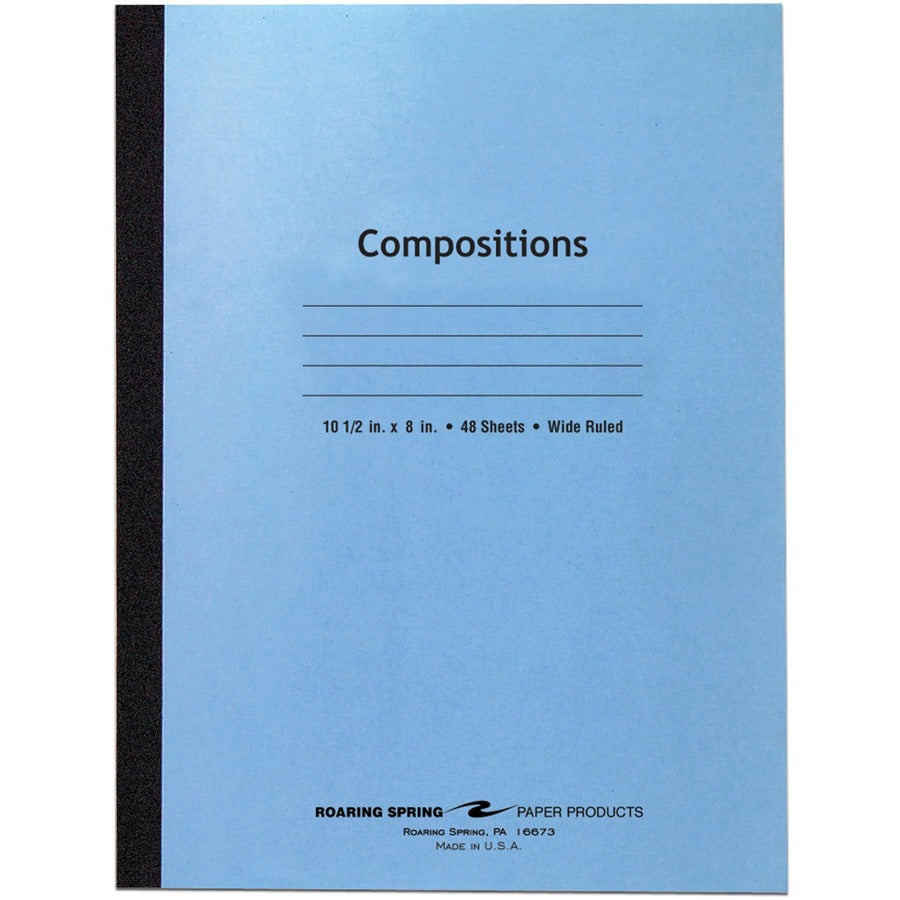 Roaring Spring Wide Ruled Flexible Cover Composition Book - 48 Sheets - 96 Pages - Printed - Sewn/Tapebound - Both Side Ruling Surface - Wide Ruled Front Ruling - 0.34" Ruled - Red Margin - 15 lb Basis Weight - 56 g/m², Grammage - 10 1/2" x 8" Shee...