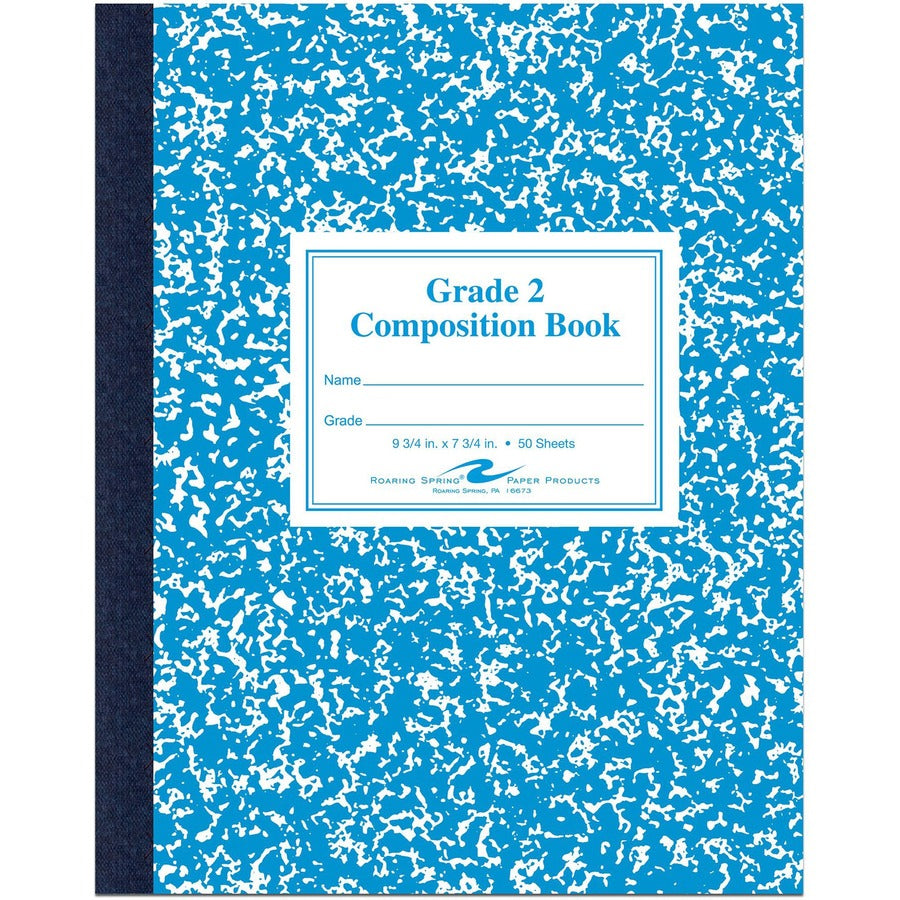 Roaring Spring Grade School Ruled Marble Flexible Cover Composition Book - 50 Sheets - 100 Pages - Printed - Sewn/Tapebound - Both Side Ruling Surface - Grade Two Ruling Front Ruling - 0.75" Ruled - Red Margin - 15 lb Basis Weight - 56 g/m², Gramma...