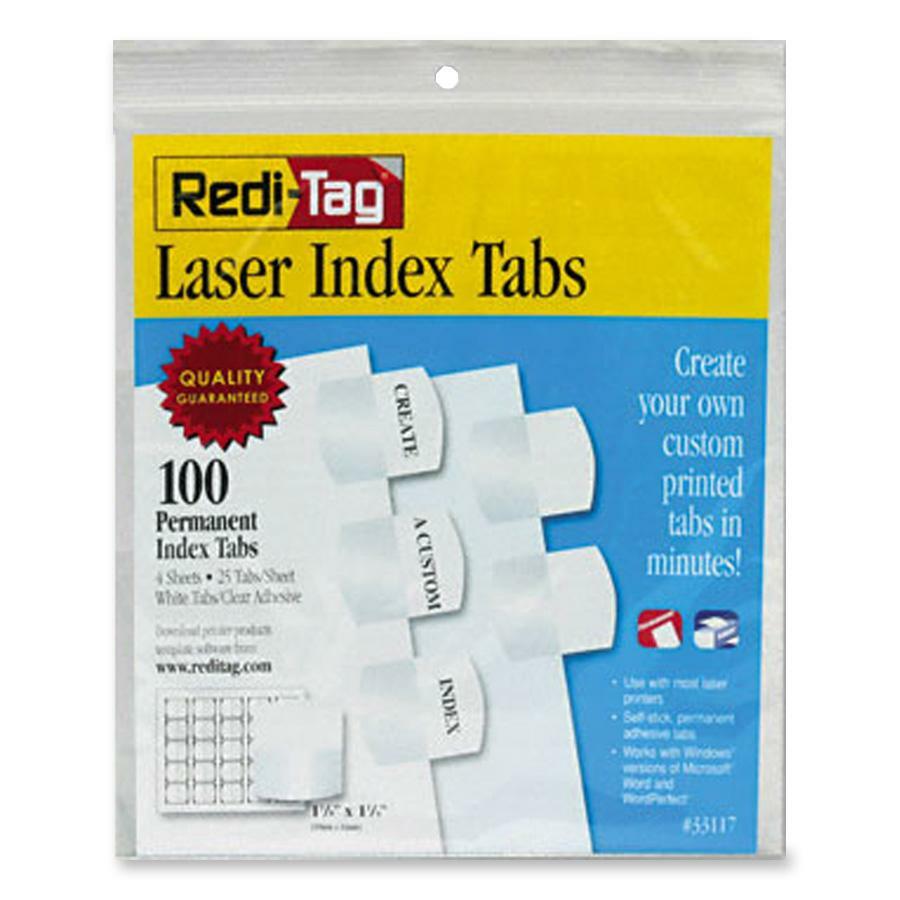 Redi-Tag Laser Index Tab - 100 Blank Tab(s) - 1.25" Tab Height x 1.12" Tab Width - Self-adhesive, Permanent - White Tab(s) - Non-toxic - 100 / Pack