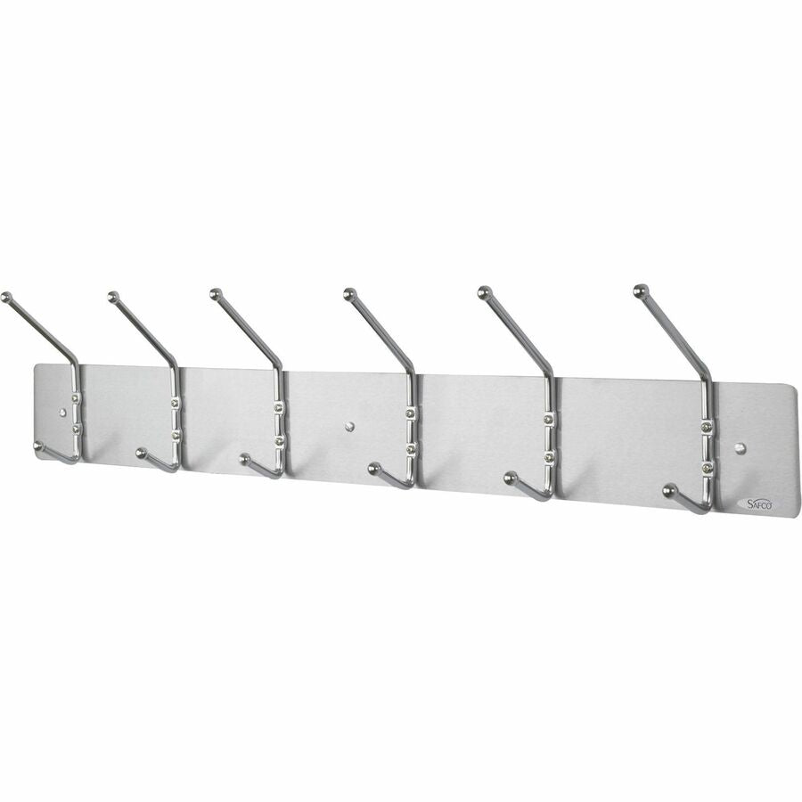 Safco 6-Hook Contemporary Steel Coat Hooks - 6 Hooks - 10 lb (4.54 kg) Capacity - 7" Height x 36" Width - for Garment - Steel - Silver - 1 Each