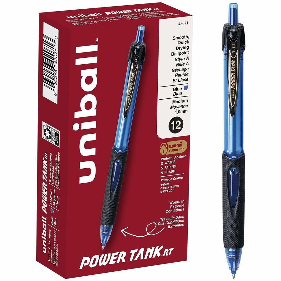 uniball™, Power Tank Retractable Ballpoint Pens - Refillable - Retractable - Blue Ink - Blue Barrel - 12 / Dozen