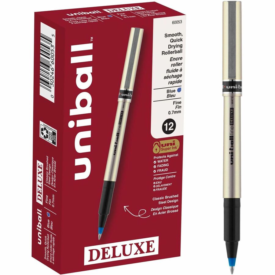 uniball™, Deluxe Rollerball Pens - Blue Ink - Liquid - Champagne Barrel - Stainless Steel Tip - Drawing, Document - 12 / Dozen