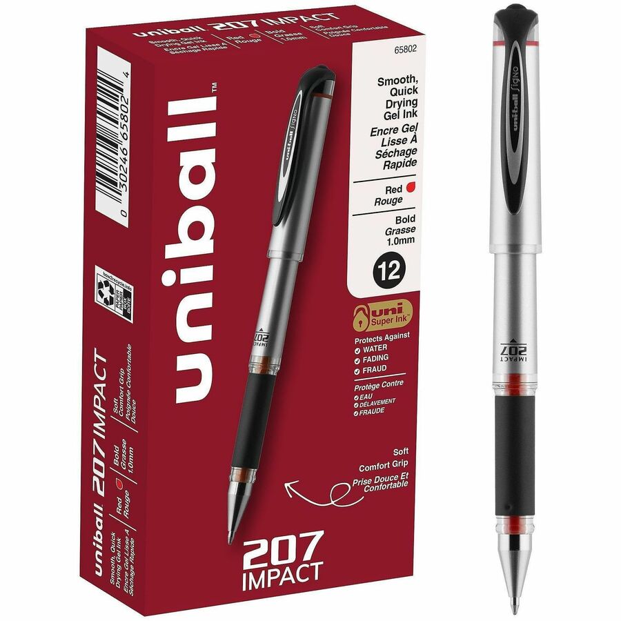 uniball™, 207 Impact Gel Pen - Refillable - Red Ink - Gel-based - Silver Barrel - 12 / Dozen