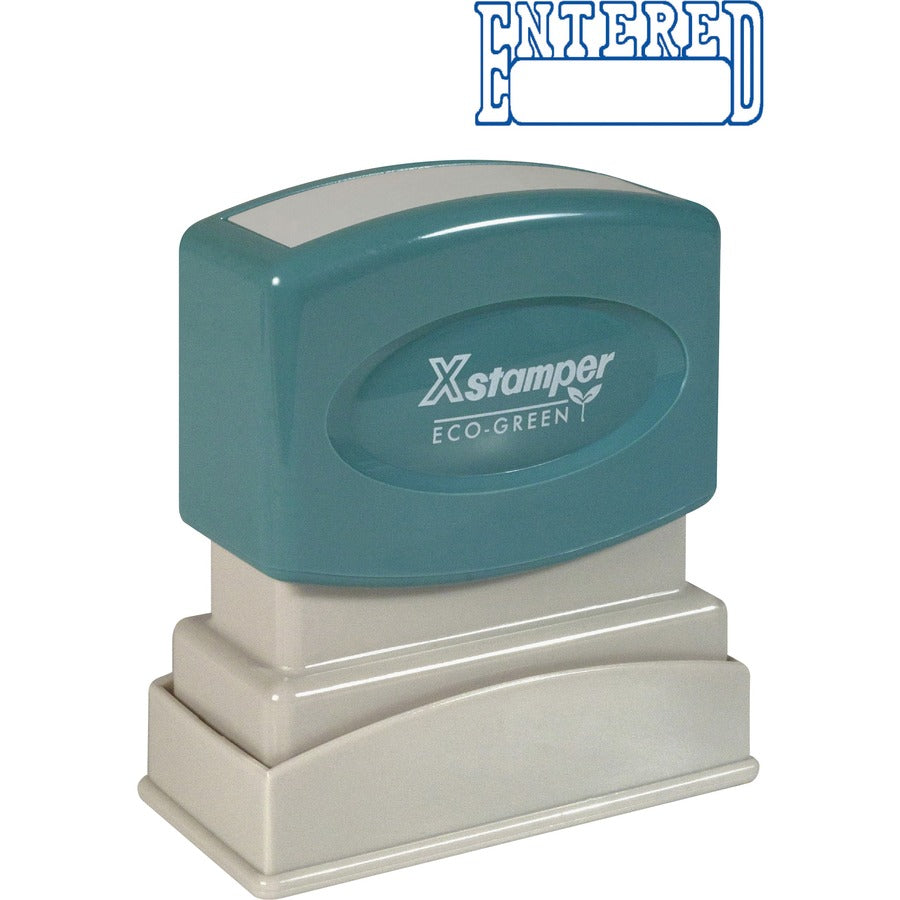 Xstamper ENTERED Open Space Title Stamp - Message Stamp - ENTERED - 0.50" Impression Width x 1.62" Impression Length - 100000 Impression(s) - Blue - 1 Each