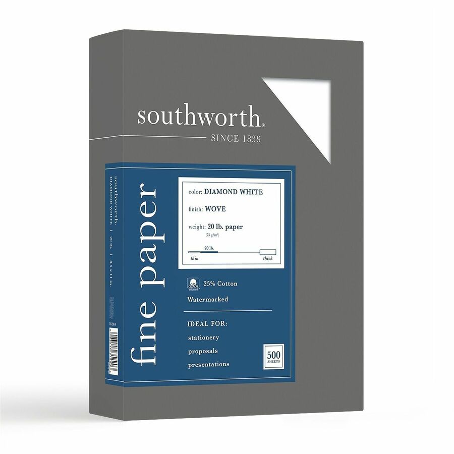 Southworth 25% Cotton Business Paper - Letter - 8 1/2" x 11" - 20 lb Basis Weight - Wove - Acid-free, Watermarked - Diamond White - 1 Box