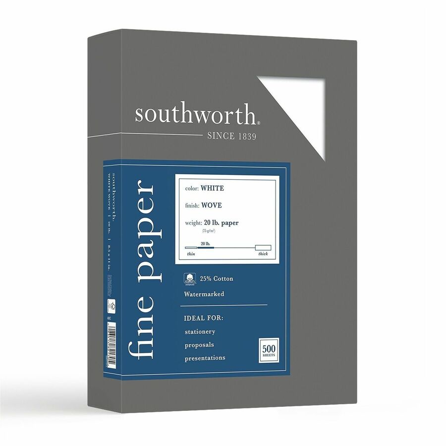 Southworth 25% Cotton Business Paper - Letter - 8 1/2" x 11" - 20 lb Basis Weight - Wove - Watermarked, Acid-free, Date-coded, Lignin-free - White - 1 Box