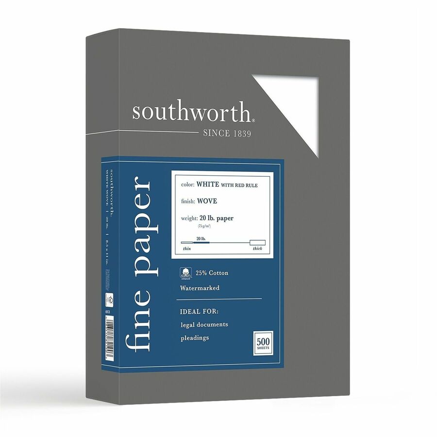 Southworth 25% Cotton Business Paper - Red Ruled - Letter - 8 1/2" x 11" - 20 lb Basis Weight - Wove - Watermarked, Acid-free, Date-coded, Lignin-free - White - 1 Box