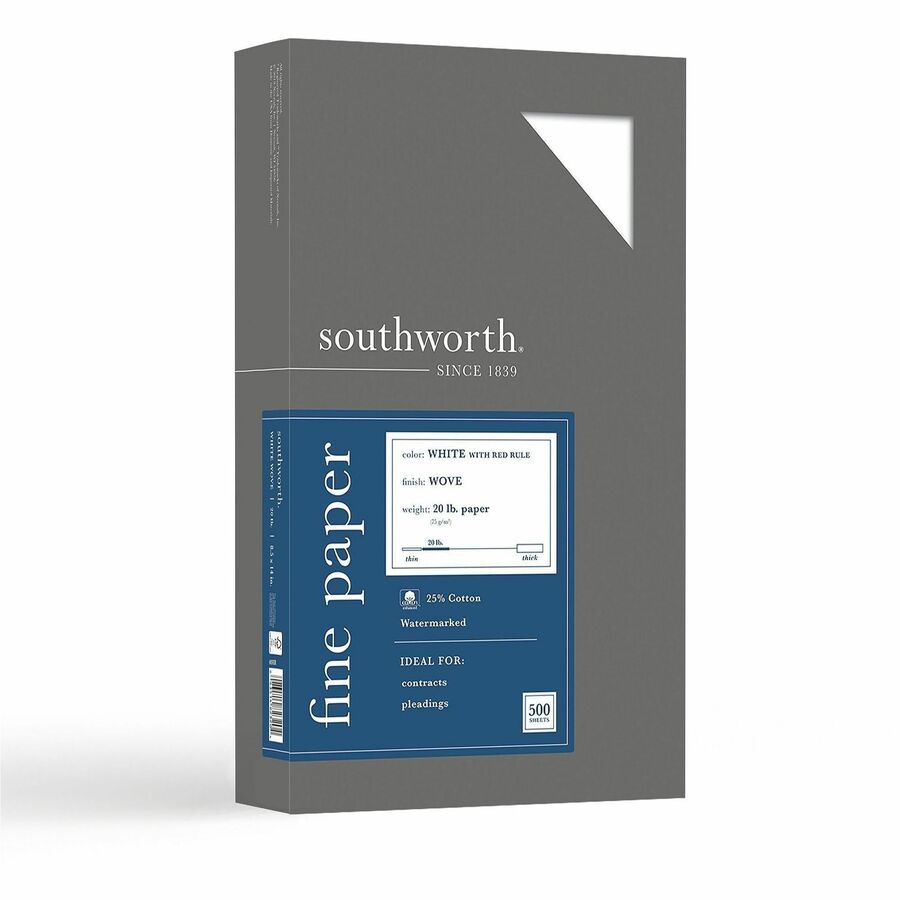 Southworth 25% Cotton Business Paper - Red Ruled - Legal - 8 1/2" x 14" - 20 lb Basis Weight - Wove - Acid-free, Watermarked, Date-coded, Lignin-free - White - 1 Box