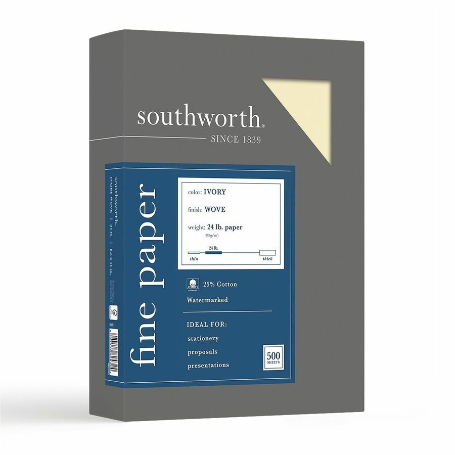 Southworth 25% Cotton Business Paper - Letter - 8 1/2" x 11" - 24 lb Basis Weight - Wove - Watermarked, Acid-free, Lignin-free, Date-coded - Ivory - 1 Box