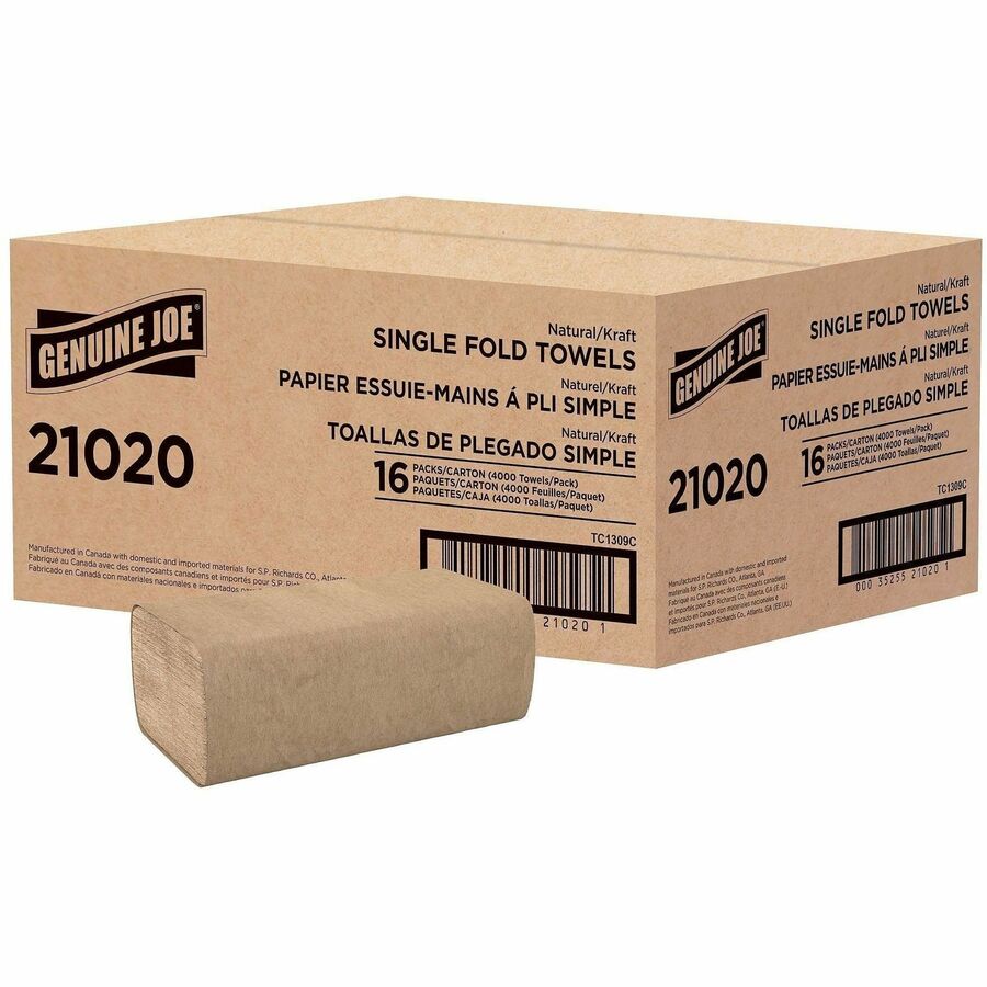 Genuine Joe Paper Towel Single fold 250 sheets Natural - 1 Ply - Singlefold - 10.25" Width x 9.10" Length - embossed design - Natural - Fiber, Kraft - 250 Sheets/Pack - 16 / Carton