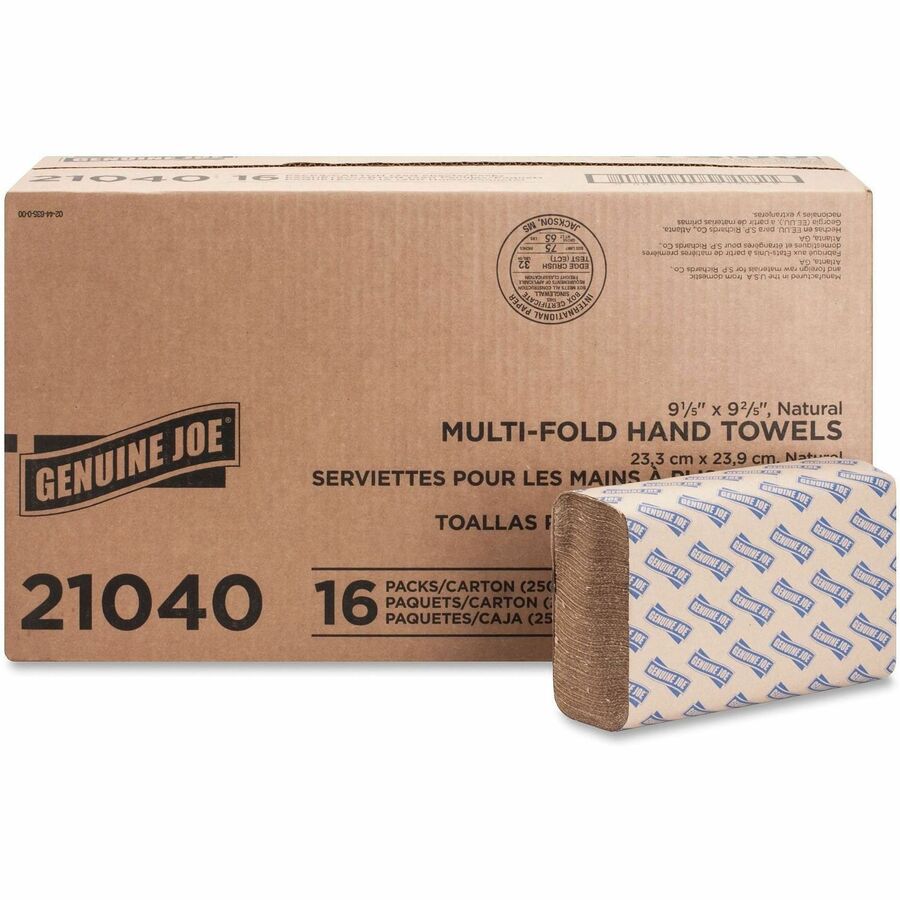 Genuine Joe Paper Towel Multi fold 250 sheets Natural - 1 Ply - Multifold - 9.25" Width x 9.40" Length - embossed design - Natural - Paper, Fiber - 250 Sheets/Pack - 16 / Carton