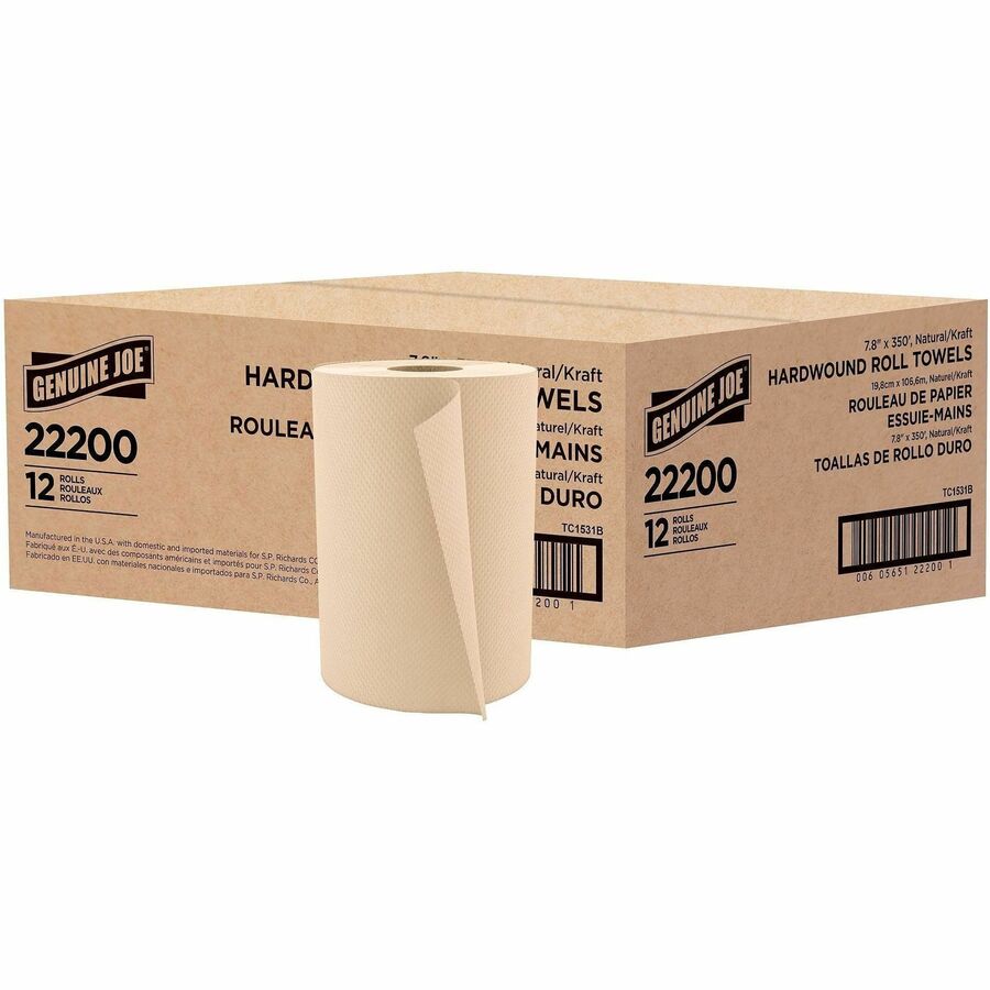 Genuine Joe Embossed Hardwound Roll Towels - 7.87" Width x 350 ft Length - 2" Core - Natural - 12 / Carton