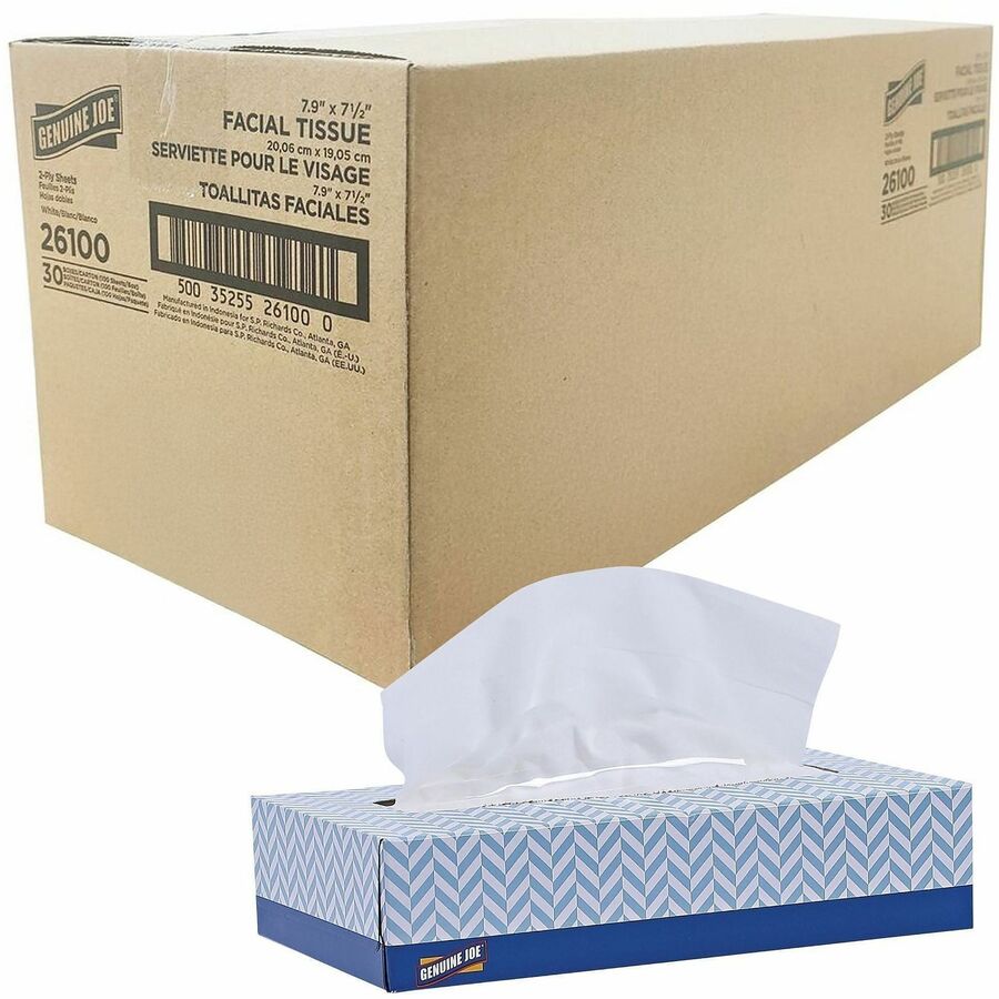 Genuine Joe 26100 Facial Tissue - 2 Ply - WhiteBox - 100/Box - 30 / Carton