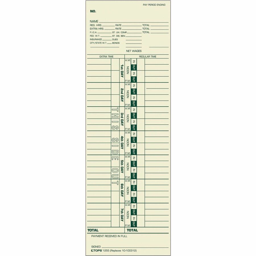 TOPS Weekly One-Sided Time Cards - 3.50" x 10.50" Sheet Size - Manila - Manila Sheet(s) - Green Print Color - 1 Box