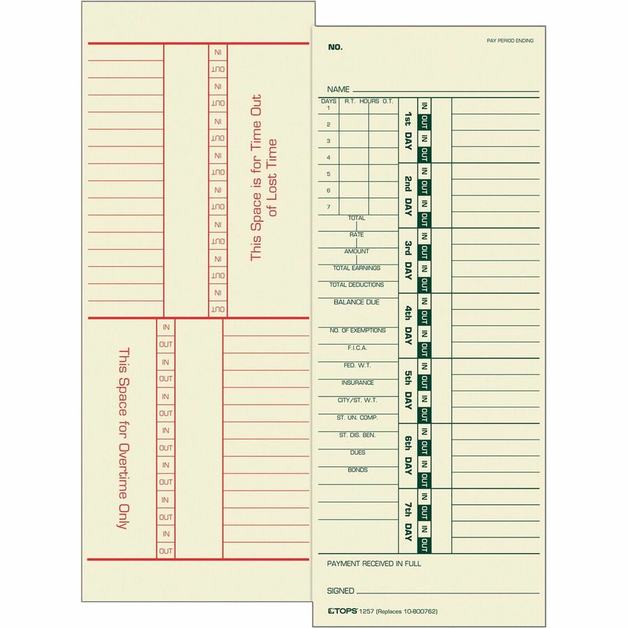 TOPS Numbered Days/Full Payroll Time Cards - Double Sided Sheet - 3.50" x 9" Sheet Size - Yellow - Manila Sheet(s) - Green, Red Print Color - 500 / Box