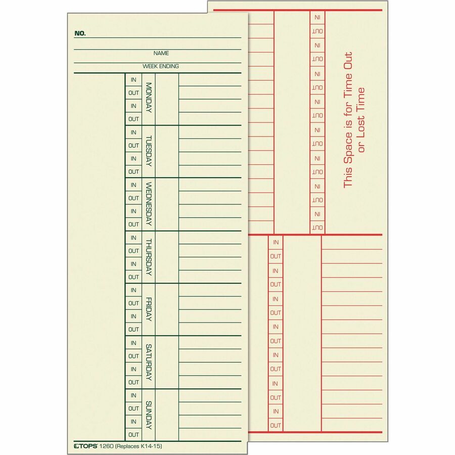 TOPS 2-Sided Weekly Time Cards - Double Sided Sheet - 3.37" x 8.25" Sheet Size - Manila - Manila Sheet(s) - Green, Red Print Color - 500 / Box