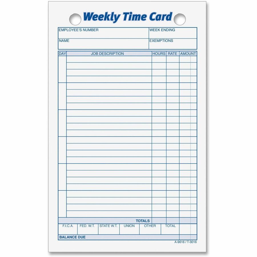 TOPS Weekly Handwritten Time Cards - Ring Binder - 4.25" x 6.75" Sheet Size - 2 x Holes - Yellow - 100 / Pack