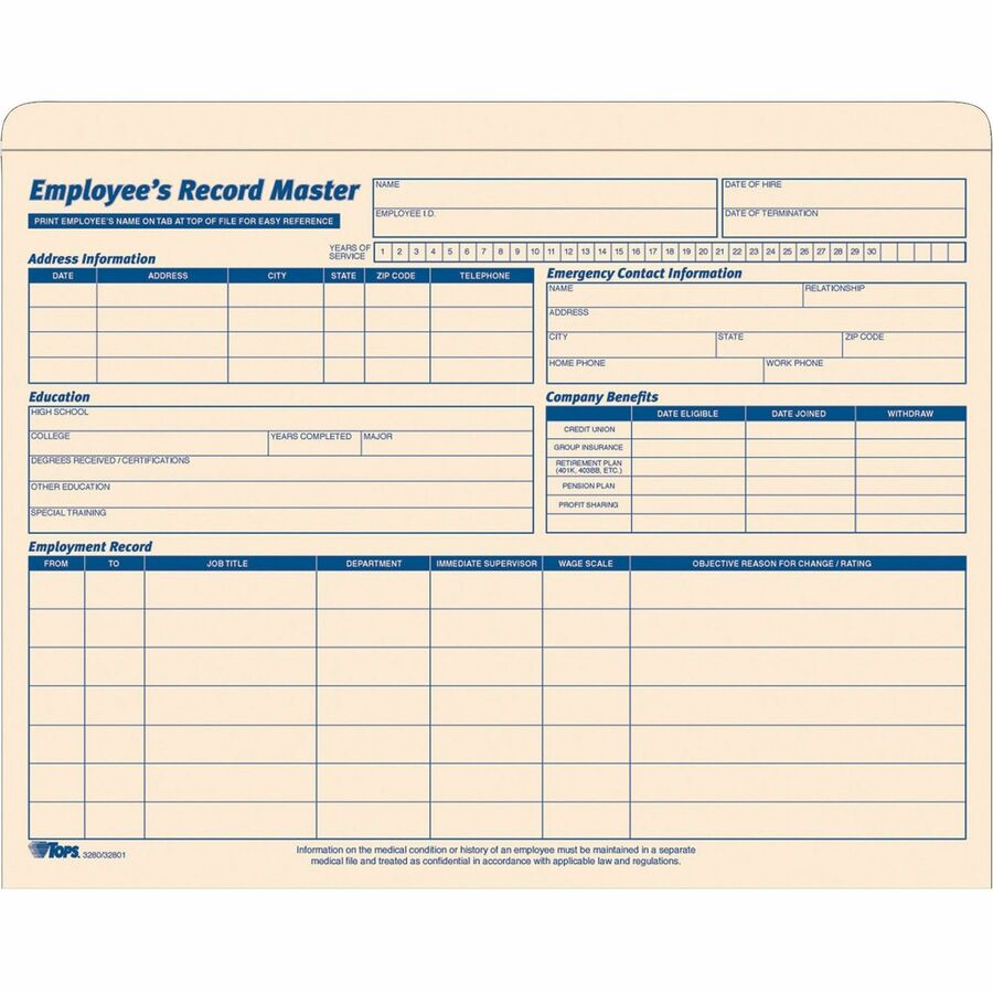 TOPS Letter Record Jacket - 8 1/2" x 11" - 1" Expansion - 10 pt. - Manila Paper - Manila - Preprinted - 15 / Pack
