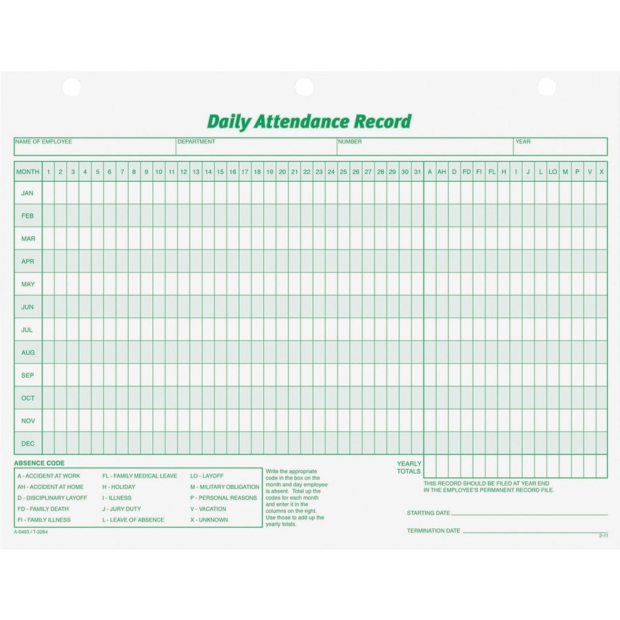 TOPS Daily Employee Attendance Record Form - 50 Sheet(s) - 11" x 8.50" Sheet Size - 3 x Holes - White - White Sheet(s) - Green Print Color - 50 / Pack