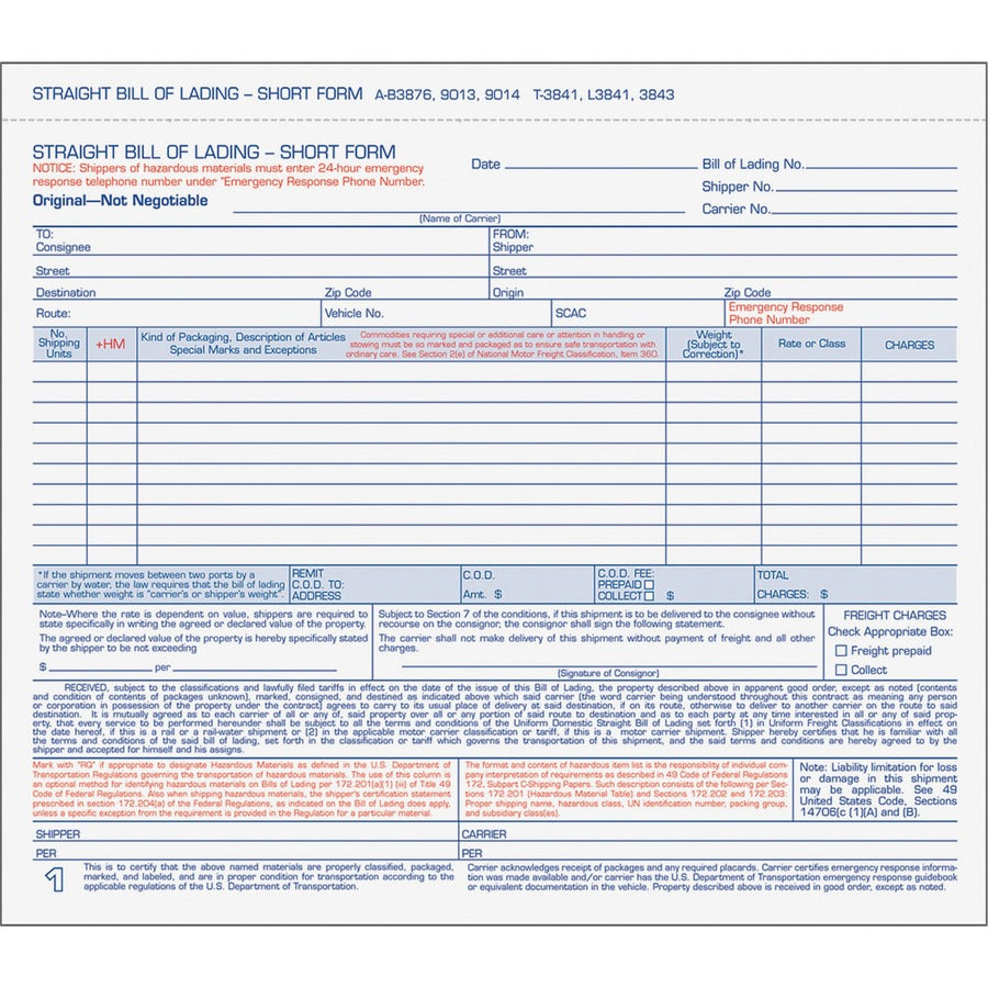 TOPS Bills of Lading Snap-Off Sets - 3 Part - Carbonless Copy - 8.50" x 7.44" Sheet Size - White Sheet(s) - Blue, Red Print Color - 1 Pack