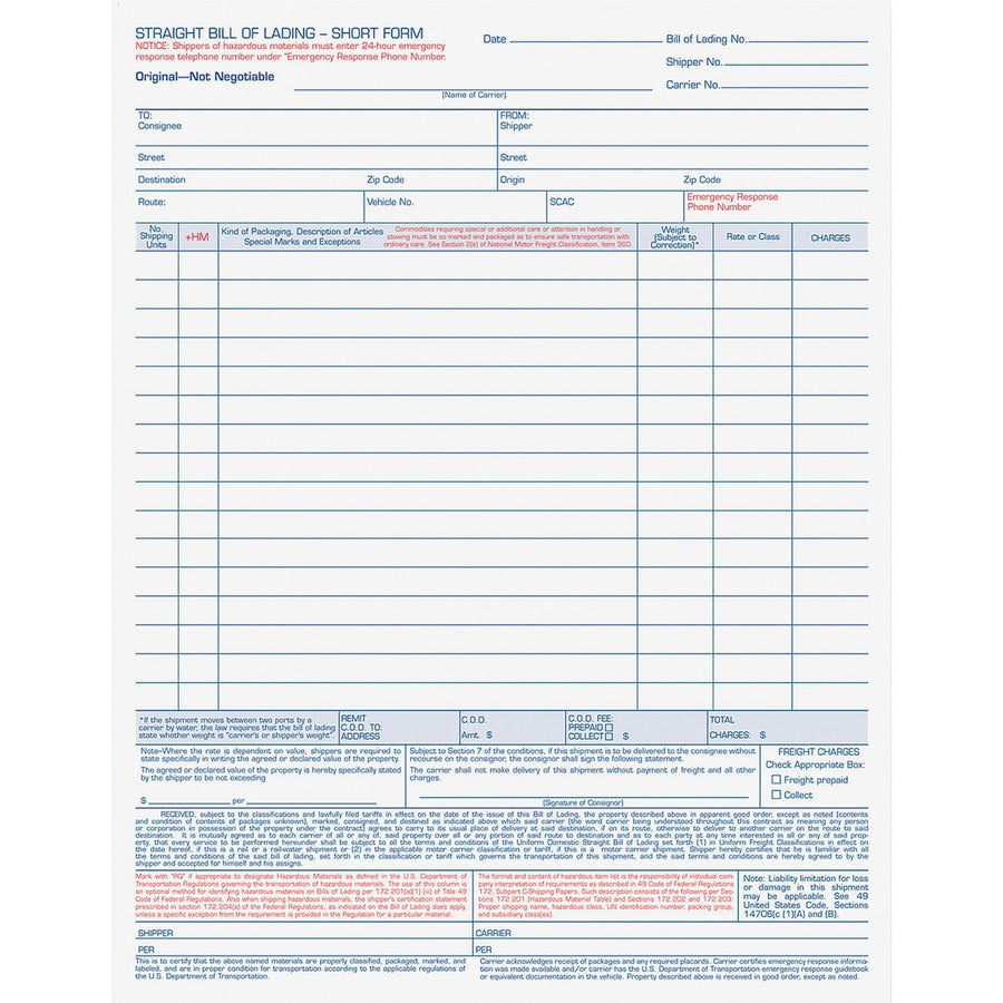 TOPS Bill-of-Lading Snap off 4-part Form Sets - 4 Part - Carbonless Copy - 11.44" x 8.50" Sheet Size - White Sheet(s) - Light Blue, Blue, Red Print Color - 1 Pack