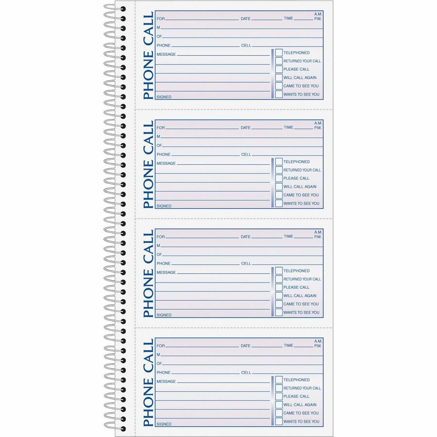 TOPS Carbonless Phone Message Book - Double Sided Sheet - Spiral Bound - 2 Part - Carbonless Copy - 5.50" x 11" Sheet Size - White - Assorted Sheet(s) - Blue, Red Print Color - 1 Each