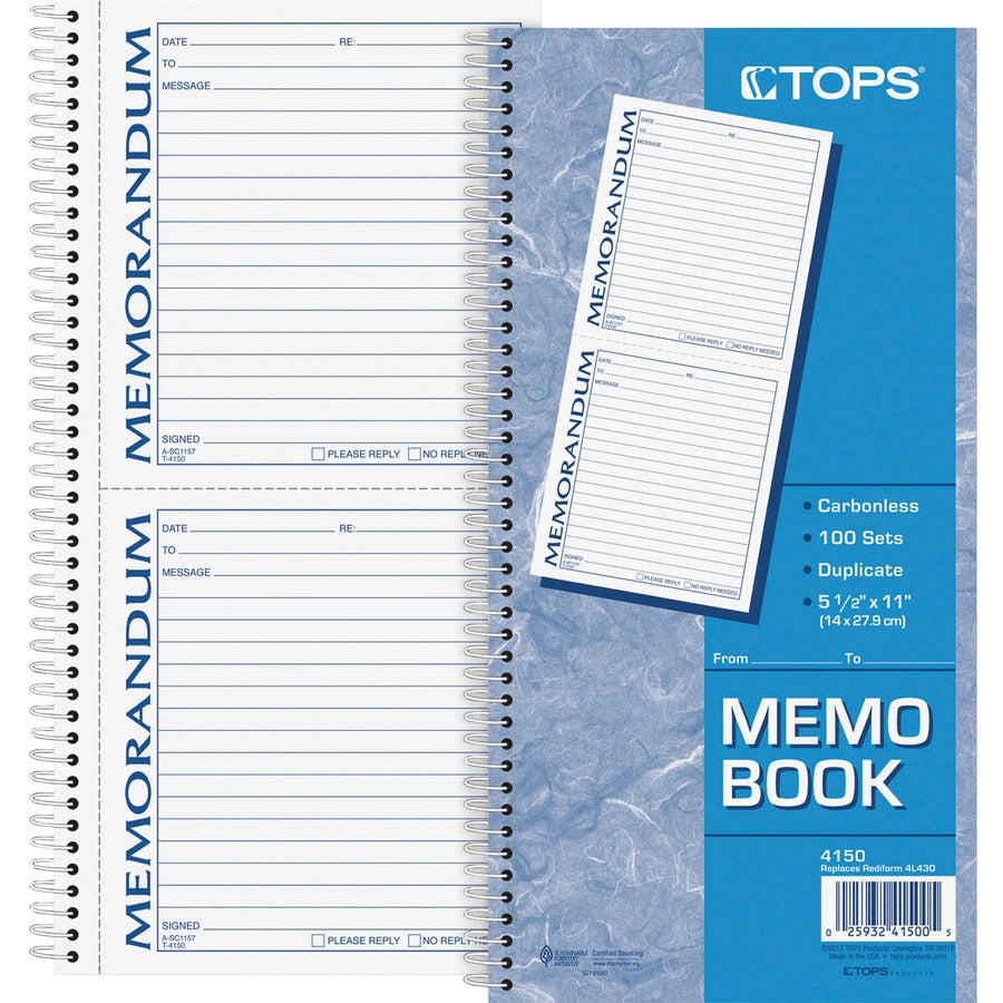 TOPS Memorandum Forms Book - 100 Sheet(s) - Spiral Bound - 2 Part - Carbonless Copy - 5.50" x 5" Form Size - 5.50" x 11" Sheet Size - White, Canary - Assorted Sheet(s) - Blue, Red Print Color - 1 Each