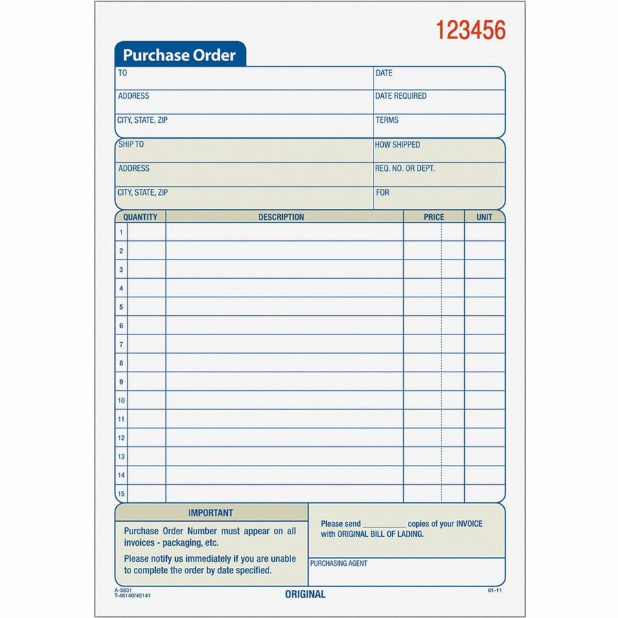 TOPS Carbonless 3-Part Purchase Order Books - 50 Sheet(s) - 3 Part - Carbonless Copy - 5.56" x 7.93" Sheet Size - Assorted Sheet(s) - 1 Each