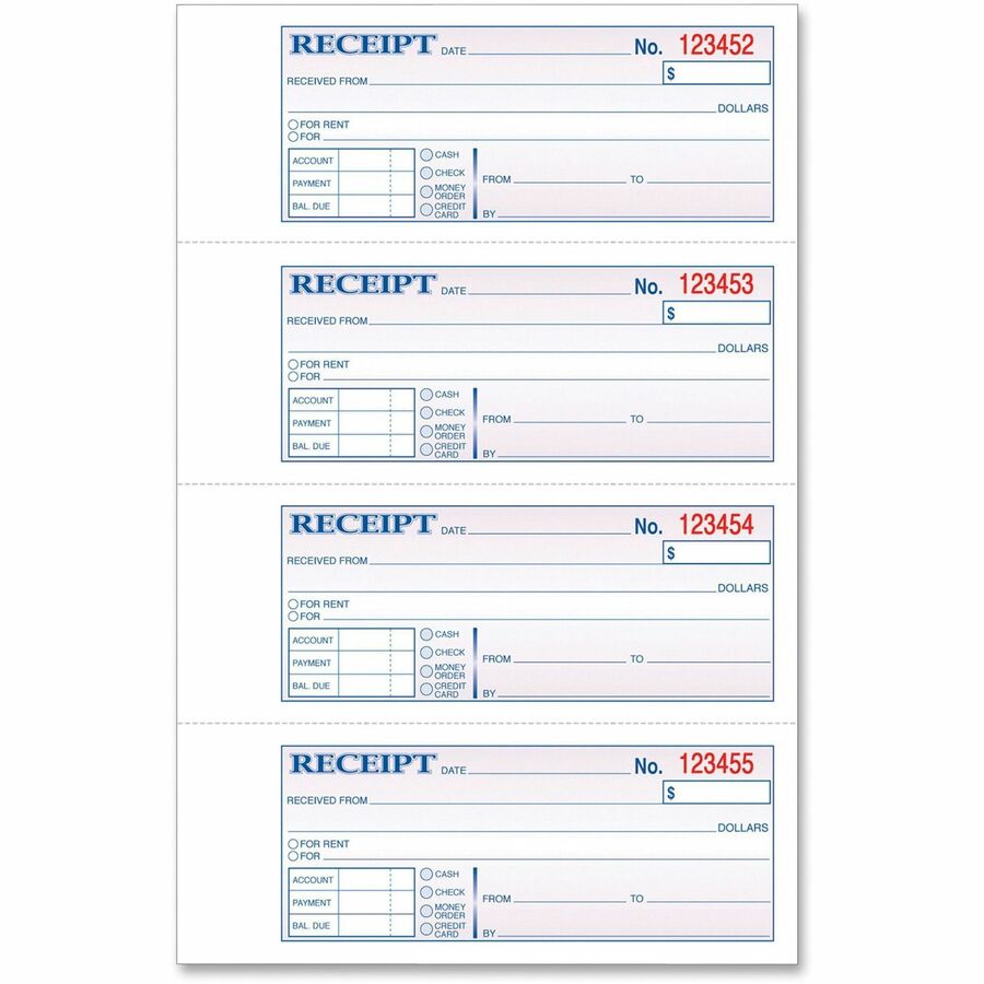 TOPS Money/Rent Receipt Book - 2 Part - Carbonless Copy - 2.75" x 7.25" Sheet Size - Assorted Sheet(s) - Blue Print Color - 1 Each