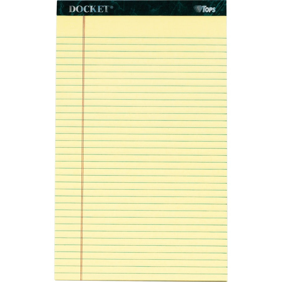 TOPS Docket Letr - Trim Legal Rule Canary Legal Pads - Legal - 50 Sheets - Double Stitched - 0.34" Ruled - 16 lb Basis Weight - Legal - 8 1/2" x 14" Sheet Size - Canary Paper - Marble Green Binding - Perforated, Hard Cover, Resist Bleed-through - 12 /...