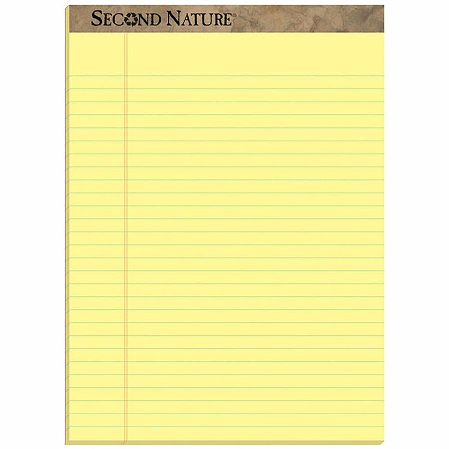 TOPS Second Nature Ruled Canary Writing Pads - 50 Sheets - 0.34" Ruled - Red Margin - 15 lb Basis Weight - 8 1/2" x 11 3/4" Sheet Size - Canary Paper - Perforated, Resist Bleed-through, Easy Tear - 12 / Dozen