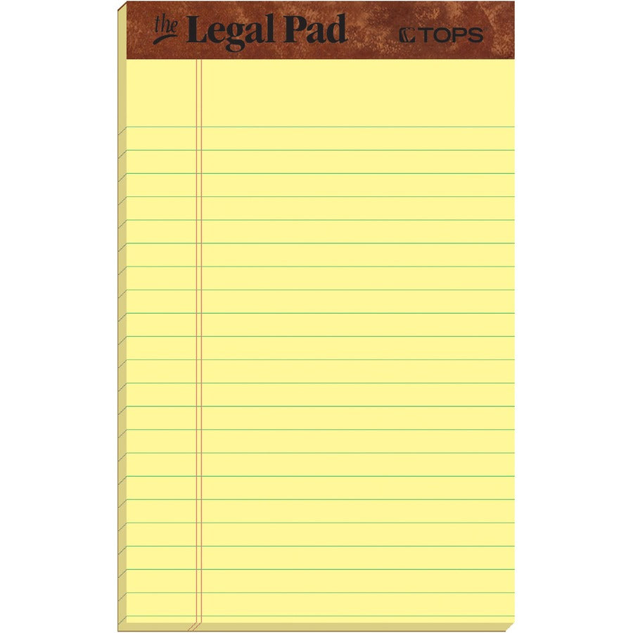 TOPS The Legal Pad Writing Pad - 50 Sheets - Double Stitched - 0.28" Ruled - 16 lb Basis Weight - Jr.Legal - 5" x 8" Sheet Size - Canary Paper - Chipboard Cover - Perforated, Hard Cover, Removable - 12 / Dozen