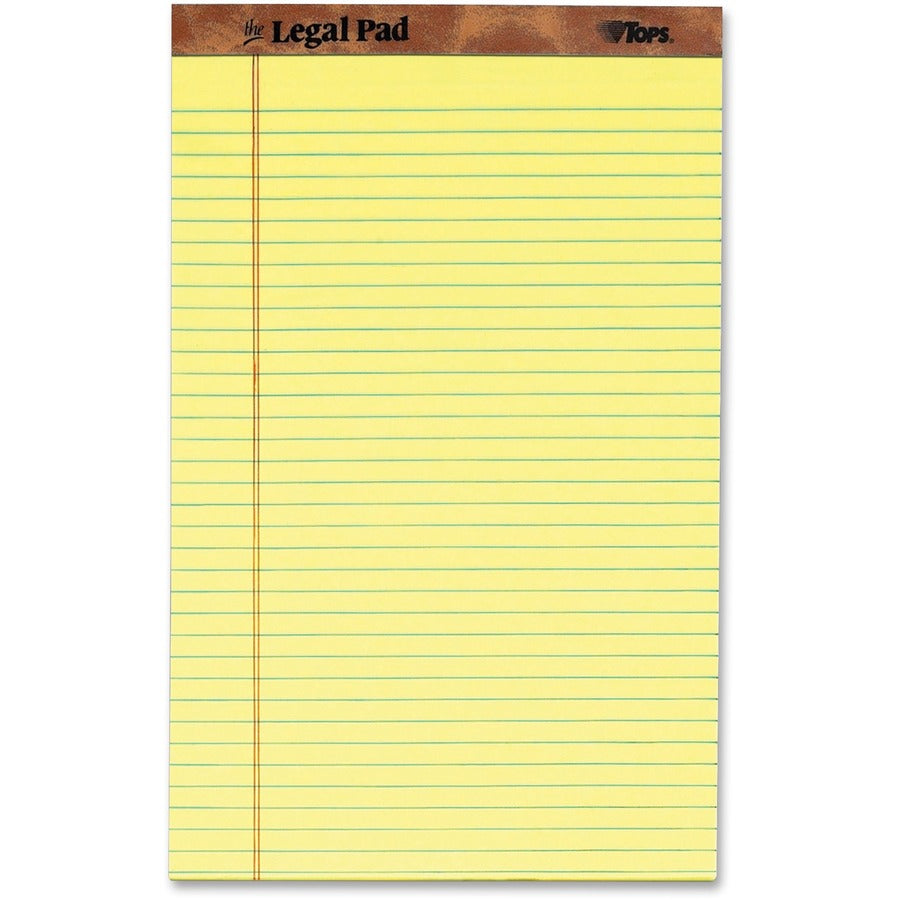 TOPS The Legal Rule Writing Pads - Legal - 50 Sheets - Double Stitched - 0.34" Ruled - 16 lb Basis Weight - Legal - 8 1/2" x 14" Sheet Size - Canary Paper - Perforated, Hard Cover, Heavyweight - 12 / Dozen