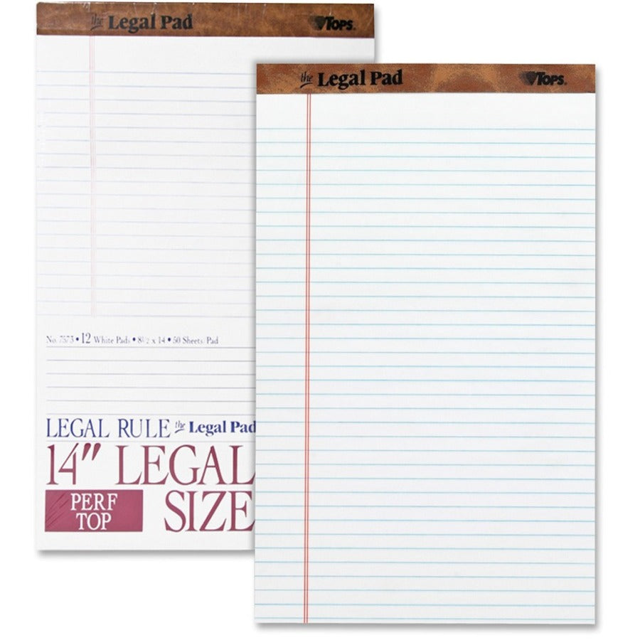 TOPS The Legal Pad Writing Pad - 50 Sheets - Double Stitched - 0.34" Ruled - 16 lb Basis Weight - Legal - 8 1/2" x 14" Sheet Size - White Paper - Chipboard Cover - Perforated, Hard Cover, Removable - 12 / Dozen
