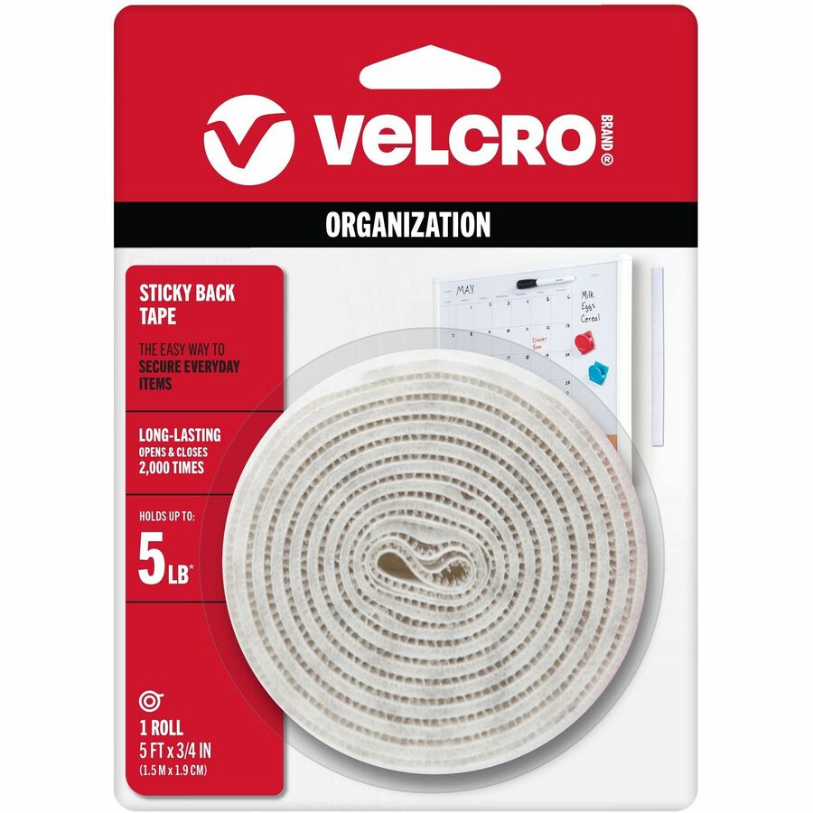 VELCRO®, Sticky Back 5ft x 3/4in Roll White - 5 ft Length x 0.75" Width - White - Dispenser Included - For Mounting, Multi Surface, Smooth Surface, Glass, Metal, Indoor, Outdoor, Home, School, Office Roll - 1 Roll