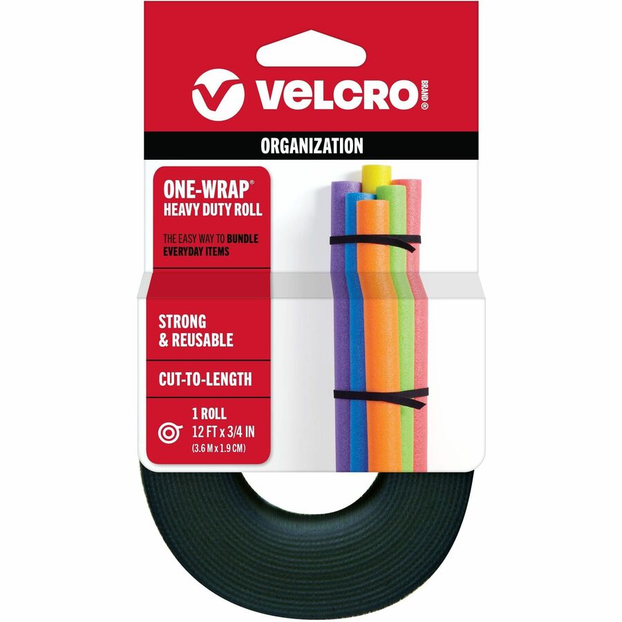 VELCRO®, ONE-WRAP Roll 12ft x 3/4in Roll Black - 12 ft Length x 0.75" Width - Black - For Bundling, Wrapping, Holding, Indoor, Outdoor, Multipurpose, Home, Worksite, Office, Transportation, Garage, ... Roll - 1 Roll