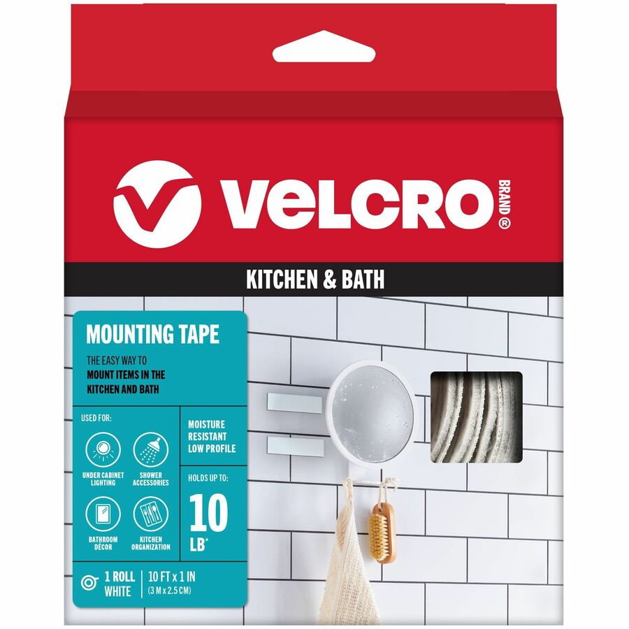 VELCRO®, 91110 Heavy Duty Industrial Strength - Low Profile - 10 ft Length x 1" Width - White - Water Resistant, Moisture Resistant, Damage Resistant - For Mounting, Industrial, Kitchen, Bathroom, Glass, Metal, Plastic, Home, School, Office, Hanging...