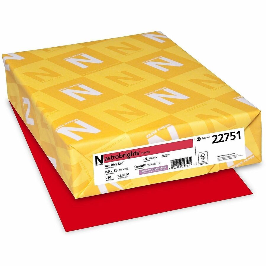 Neenah Color Card Stock - Re-Entry Red - Letter - 8 1/2" x 11" - 65 lb Basis Weight - Smooth - Green Seal - Acid-free, Lignin-free, Durable, Heavyweight - Re-entry Red - 250 Sheets - 1 Pack