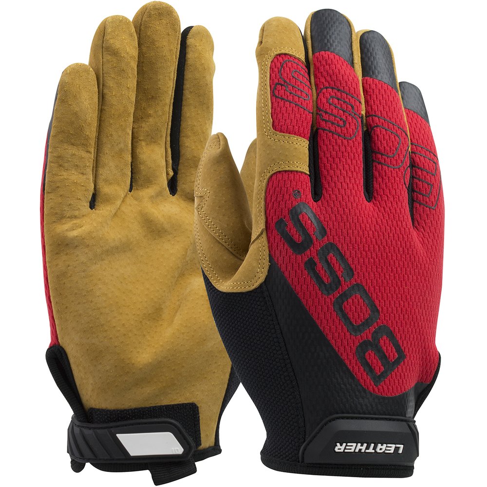 BOSS by PIP Prem Pigskin Leather Palm Mesh Fabric RED S, 12 Pairs/Dozen