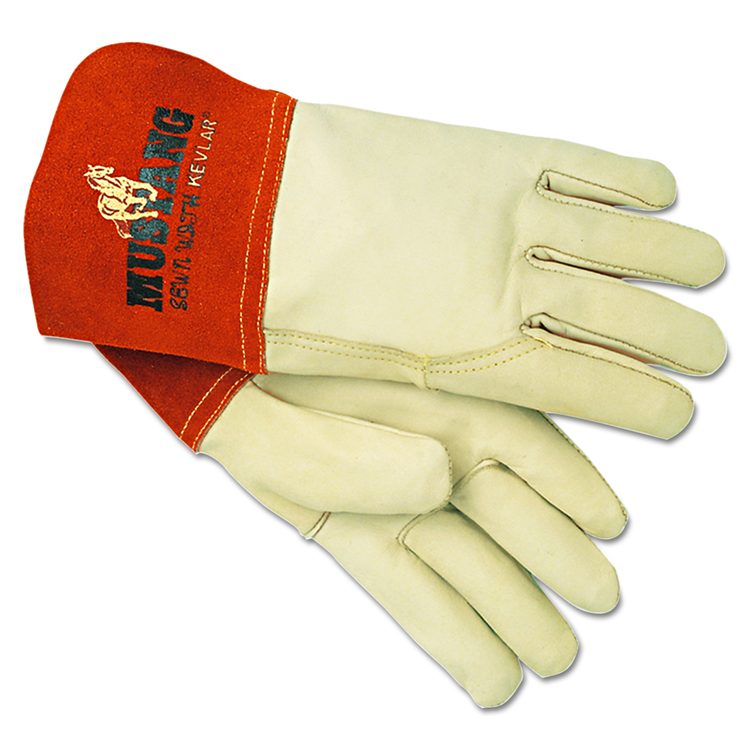 Mustang Leather MIG/TIG Welding Work Gloves, ANSI Level 2 Heat Resistance, Gunn Cut, Wing Thumb, Large, Cream/Russet, 12 Pair