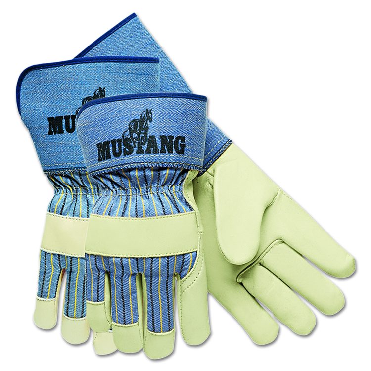 Grain Leather Palm Gloves, Gunn Cut, Wing Thumb, Large, Blue Striped/White, 12 Pairs