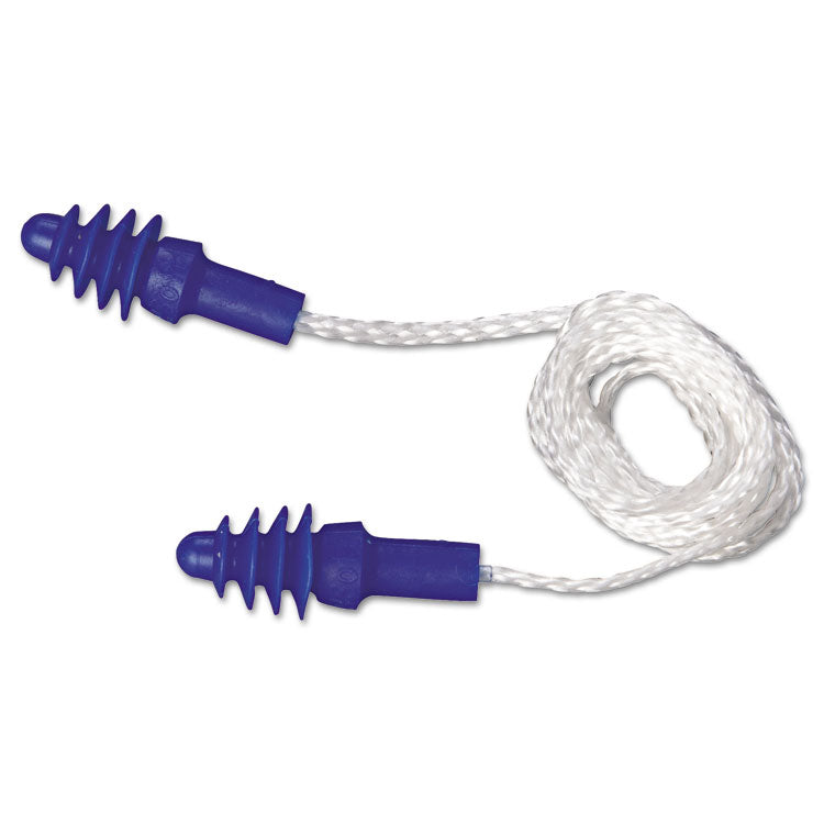 AirSoft Multiple-Use Corded Earplugs, White Cord, 27 dB NRR, One Size Fits Most, Blue 4-Flange Plugs, 100/Box