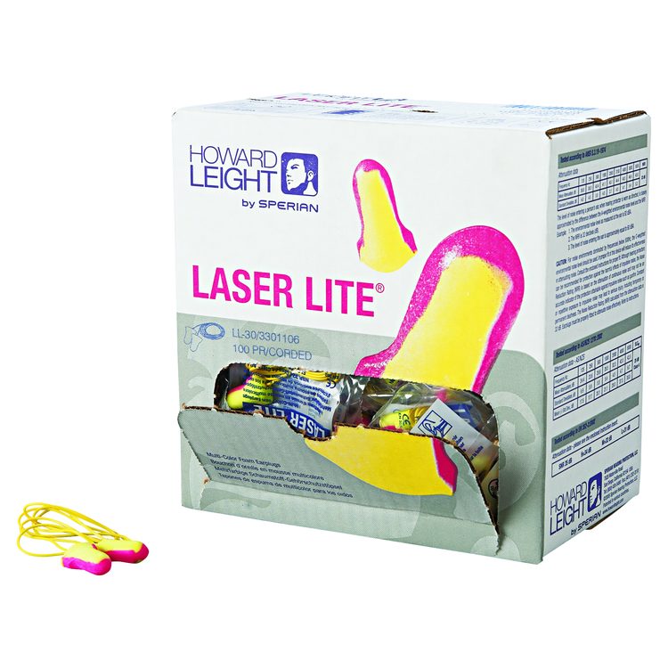 Laser Lite Single-Use Earplugs, Corded, 32 dB NRR, One Size Fits Most, Yellow/Magenta Bell/T-Shaped Plugs, 100/Box