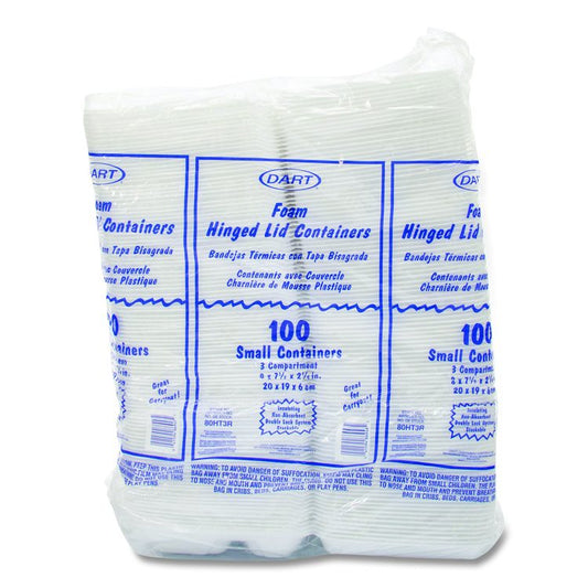Foam Hinged Lid Containers, 3 Compartments, 7.5 x 8 x 2.3, White, 200/Carton